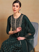 Women Green Silk Blend Woven Design A-Line Kurta Pant Set With Dupatta